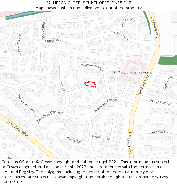 22, HERON CLOSE, SCUNTHORPE, DN15 8UZ: Location map and indicative extent of plot