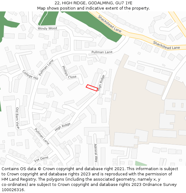 22, HIGH RIDGE, GODALMING, GU7 1YE: Location map and indicative extent of plot