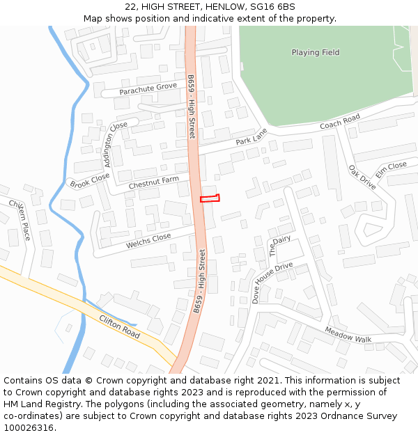 22, HIGH STREET, HENLOW, SG16 6BS: Location map and indicative extent of plot