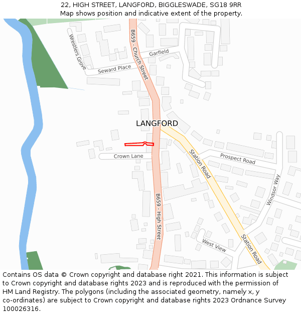 22, HIGH STREET, LANGFORD, BIGGLESWADE, SG18 9RR: Location map and indicative extent of plot