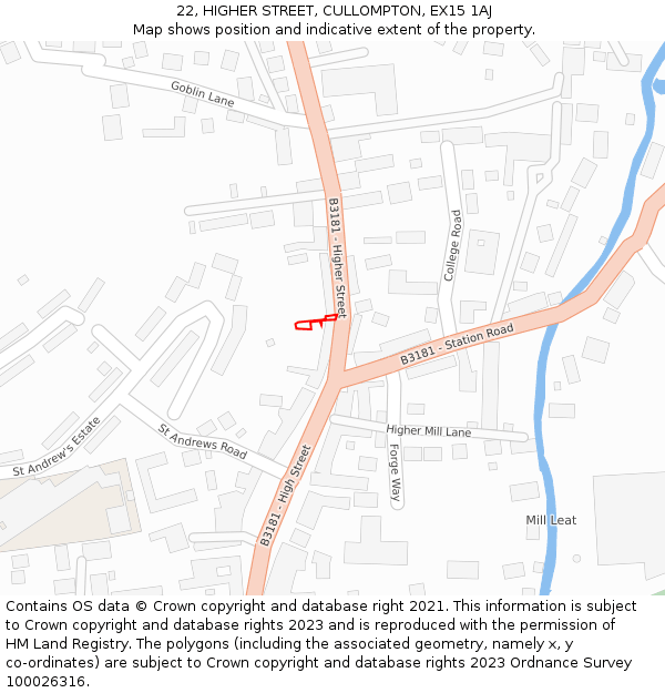 22, HIGHER STREET, CULLOMPTON, EX15 1AJ: Location map and indicative extent of plot