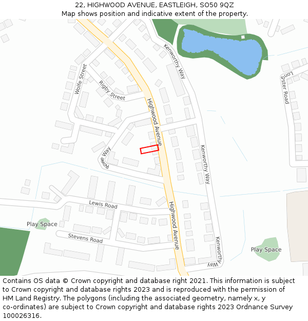 22, HIGHWOOD AVENUE, EASTLEIGH, SO50 9QZ: Location map and indicative extent of plot