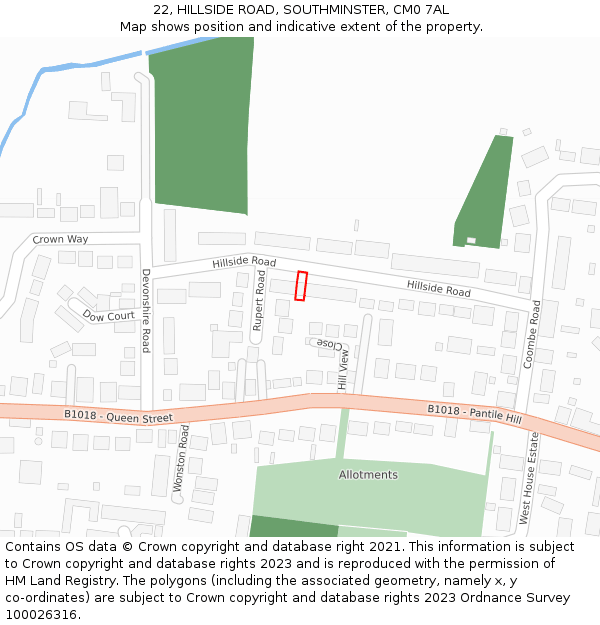 22, HILLSIDE ROAD, SOUTHMINSTER, CM0 7AL: Location map and indicative extent of plot