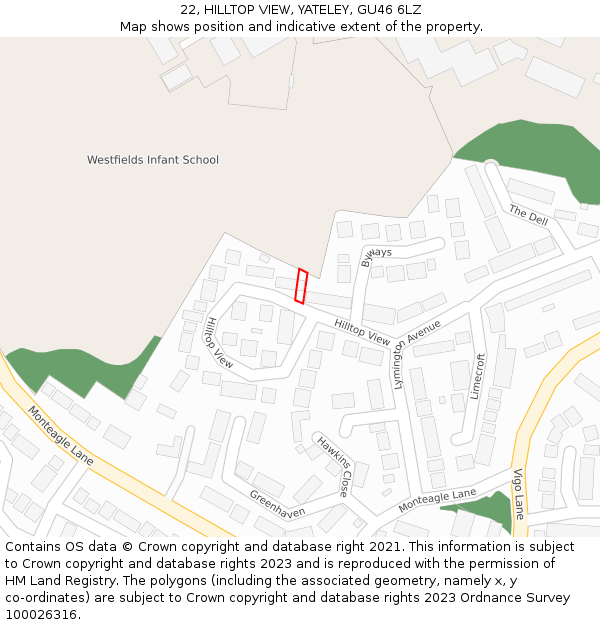 22, HILLTOP VIEW, YATELEY, GU46 6LZ: Location map and indicative extent of plot