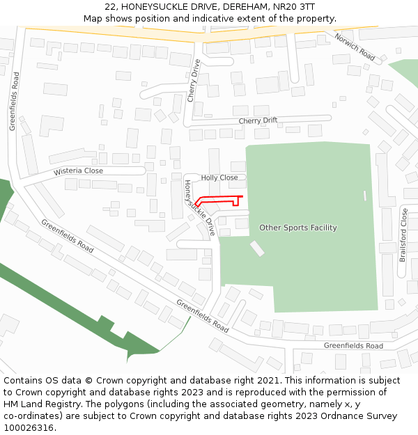 22, HONEYSUCKLE DRIVE, DEREHAM, NR20 3TT: Location map and indicative extent of plot