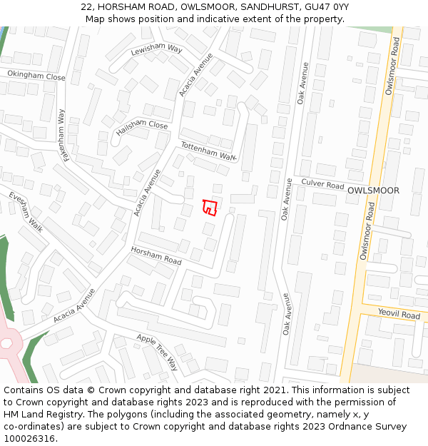 22, HORSHAM ROAD, OWLSMOOR, SANDHURST, GU47 0YY: Location map and indicative extent of plot