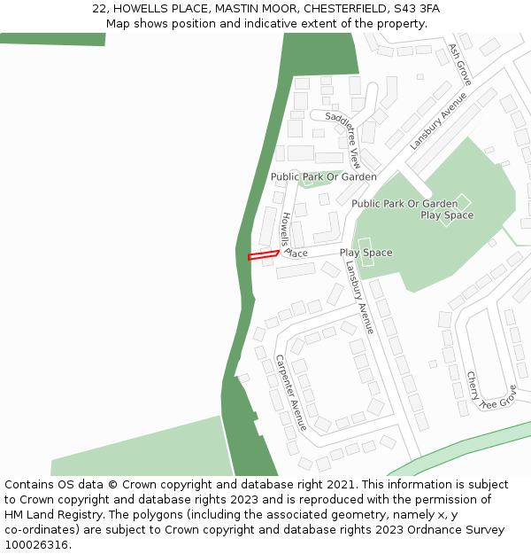 22, HOWELLS PLACE, MASTIN MOOR, CHESTERFIELD, S43 3FA: Location map and indicative extent of plot