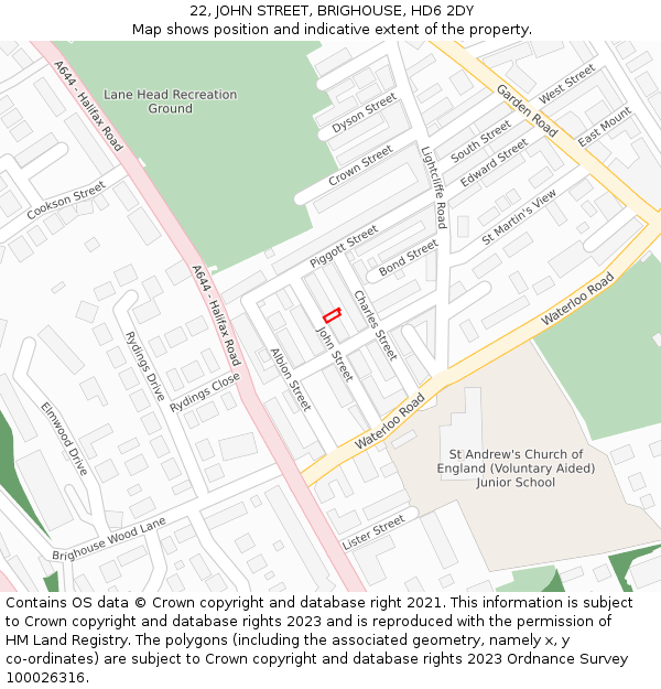 22, JOHN STREET, BRIGHOUSE, HD6 2DY: Location map and indicative extent of plot