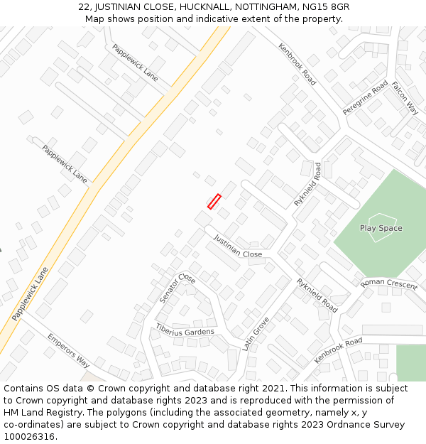 22, JUSTINIAN CLOSE, HUCKNALL, NOTTINGHAM, NG15 8GR: Location map and indicative extent of plot
