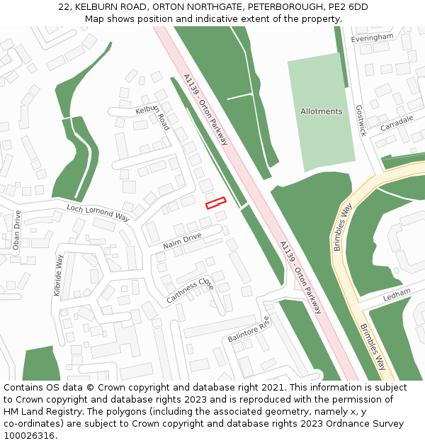 22, KELBURN ROAD, ORTON NORTHGATE, PETERBOROUGH, PE2 6DD: Location map and indicative extent of plot