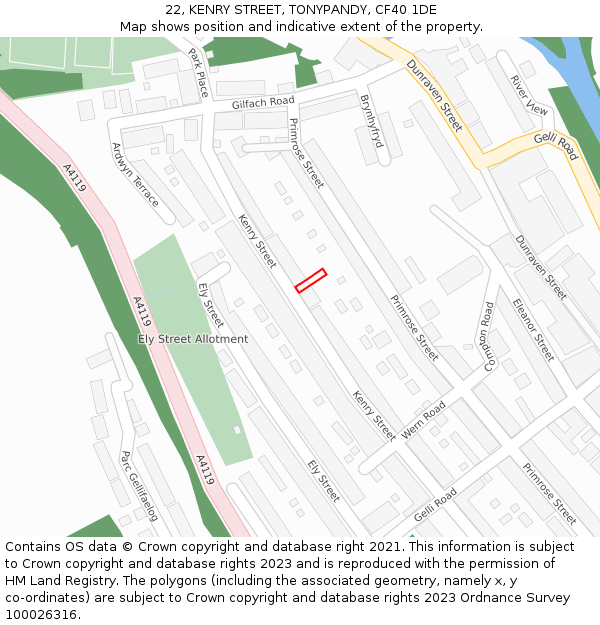 22, KENRY STREET, TONYPANDY, CF40 1DE: Location map and indicative extent of plot