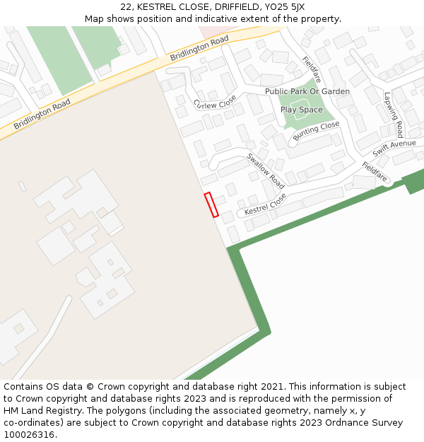 22, KESTREL CLOSE, DRIFFIELD, YO25 5JX: Location map and indicative extent of plot