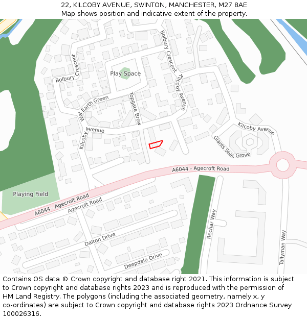 22, KILCOBY AVENUE, SWINTON, MANCHESTER, M27 8AE: Location map and indicative extent of plot