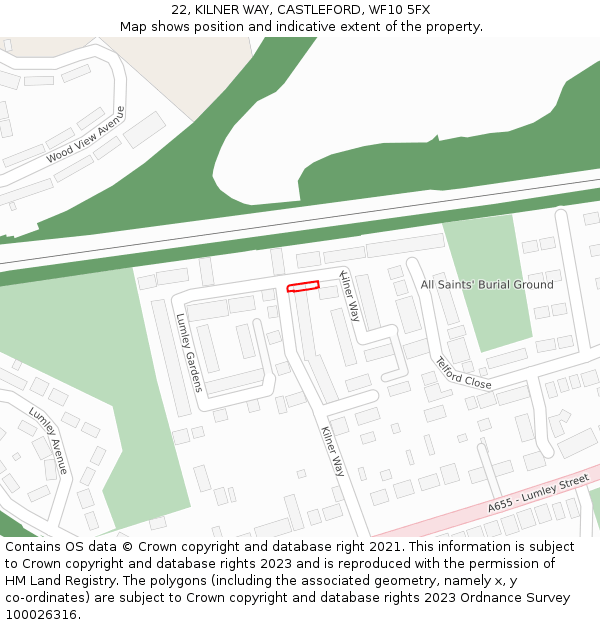 22, KILNER WAY, CASTLEFORD, WF10 5FX: Location map and indicative extent of plot