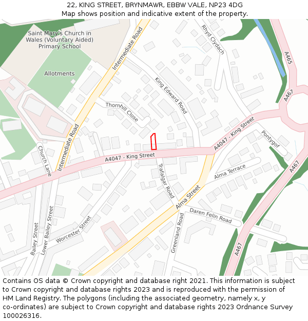 22, KING STREET, BRYNMAWR, EBBW VALE, NP23 4DG: Location map and indicative extent of plot