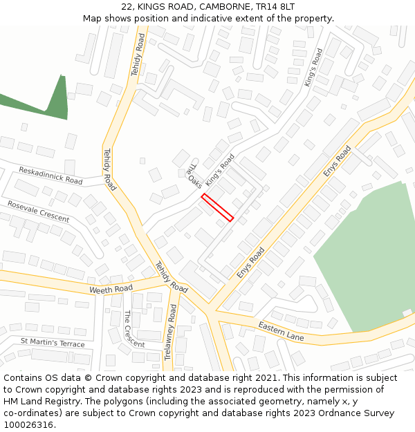 22, KINGS ROAD, CAMBORNE, TR14 8LT: Location map and indicative extent of plot