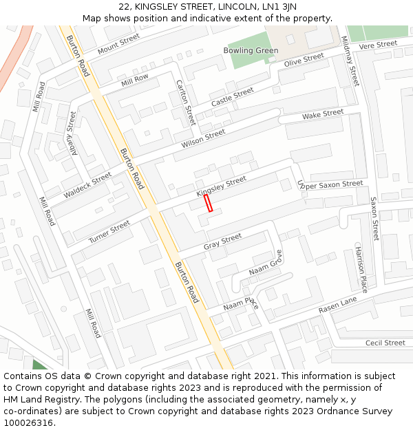 22, KINGSLEY STREET, LINCOLN, LN1 3JN: Location map and indicative extent of plot