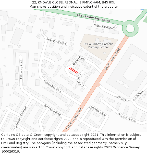 22, KNOWLE CLOSE, REDNAL, BIRMINGHAM, B45 8XU: Location map and indicative extent of plot
