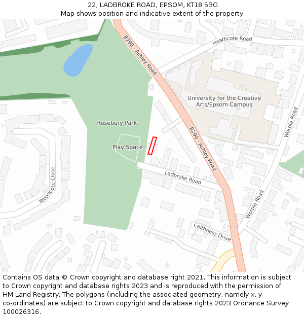 22, LADBROKE ROAD, EPSOM, KT18 5BG: Location map and indicative extent of plot