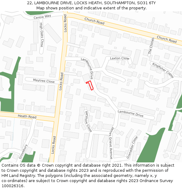 22, LAMBOURNE DRIVE, LOCKS HEATH, SOUTHAMPTON, SO31 6TY: Location map and indicative extent of plot