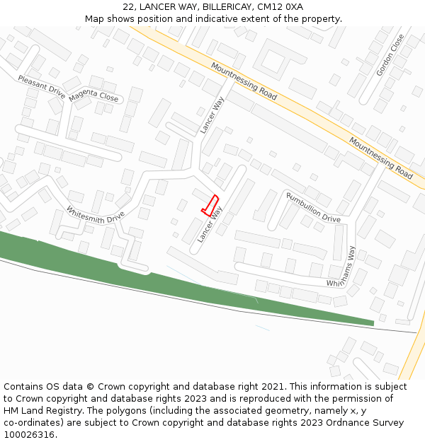 22, LANCER WAY, BILLERICAY, CM12 0XA: Location map and indicative extent of plot