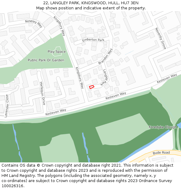22, LANGLEY PARK, KINGSWOOD, HULL, HU7 3EN: Location map and indicative extent of plot