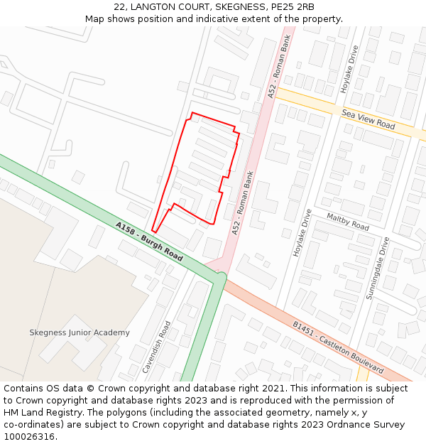 22, LANGTON COURT, SKEGNESS, PE25 2RB: Location map and indicative extent of plot