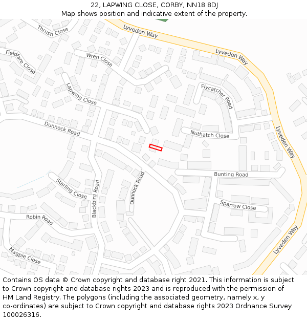 22, LAPWING CLOSE, CORBY, NN18 8DJ: Location map and indicative extent of plot