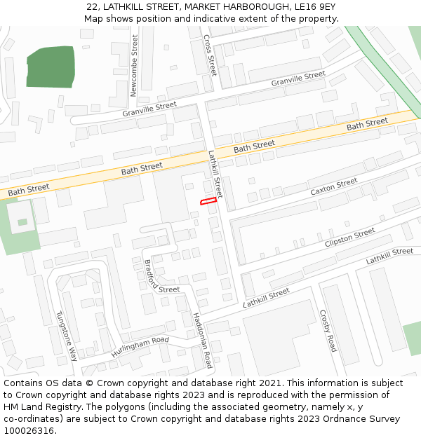 22, LATHKILL STREET, MARKET HARBOROUGH, LE16 9EY: Location map and indicative extent of plot