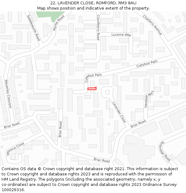 22, LAVENDER CLOSE, ROMFORD, RM3 8AU: Location map and indicative extent of plot