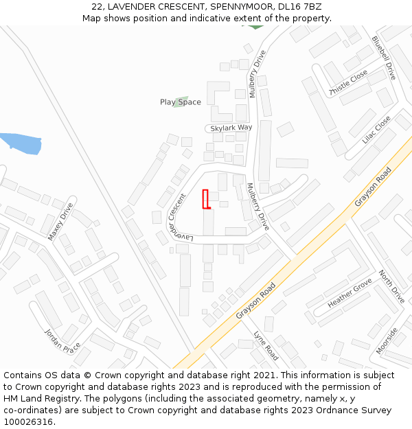 22, LAVENDER CRESCENT, SPENNYMOOR, DL16 7BZ: Location map and indicative extent of plot