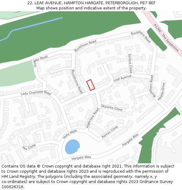 22, LEAF AVENUE, HAMPTON HARGATE, PETERBOROUGH, PE7 8EF: Location map and indicative extent of plot