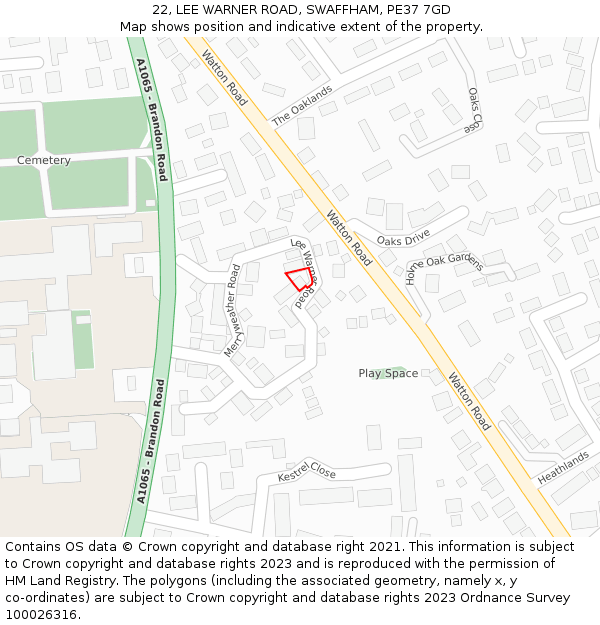 22, LEE WARNER ROAD, SWAFFHAM, PE37 7GD: Location map and indicative extent of plot
