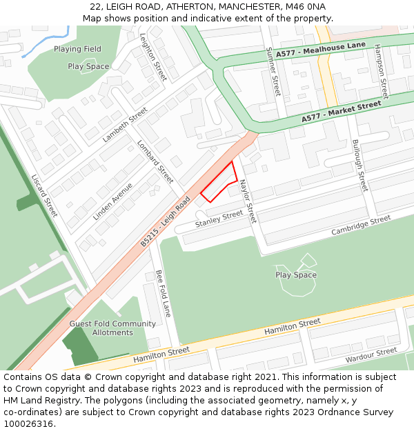 22, LEIGH ROAD, ATHERTON, MANCHESTER, M46 0NA: Location map and indicative extent of plot