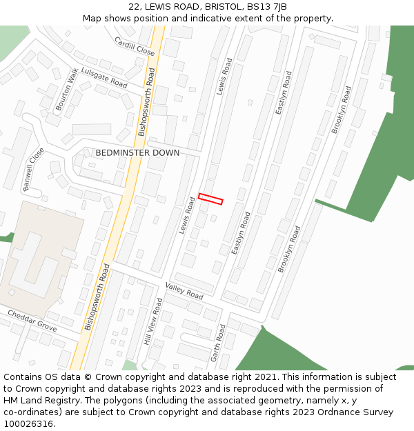 22, LEWIS ROAD, BRISTOL, BS13 7JB: Location map and indicative extent of plot