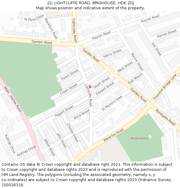 22, LIGHTCLIFFE ROAD, BRIGHOUSE, HD6 2DJ: Location map and indicative extent of plot