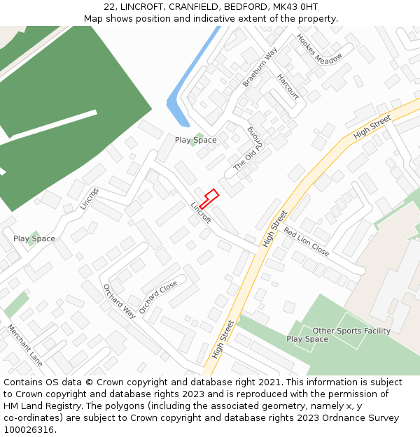 22, LINCROFT, CRANFIELD, BEDFORD, MK43 0HT: Location map and indicative extent of plot