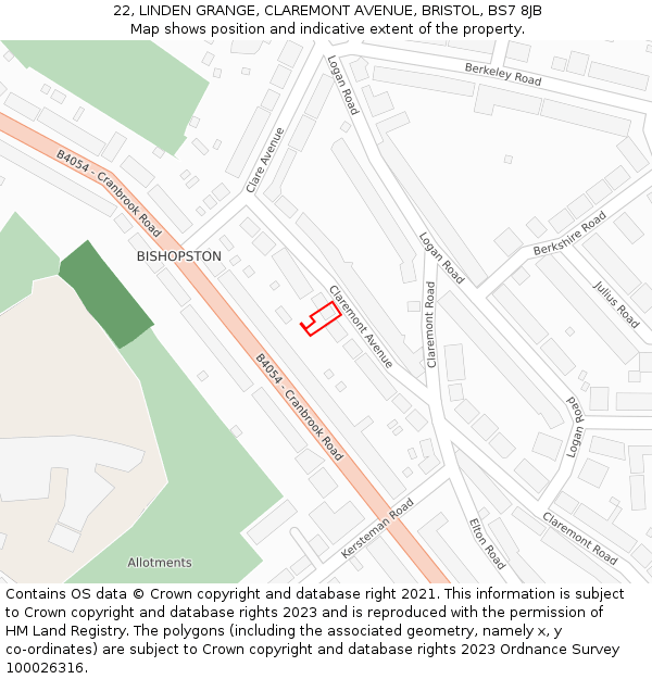 22, LINDEN GRANGE, CLAREMONT AVENUE, BRISTOL, BS7 8JB: Location map and indicative extent of plot