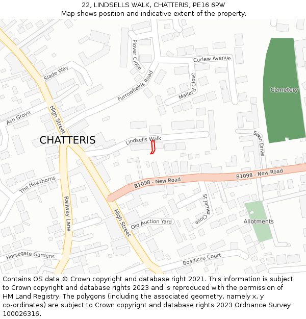 22, LINDSELLS WALK, CHATTERIS, PE16 6PW: Location map and indicative extent of plot