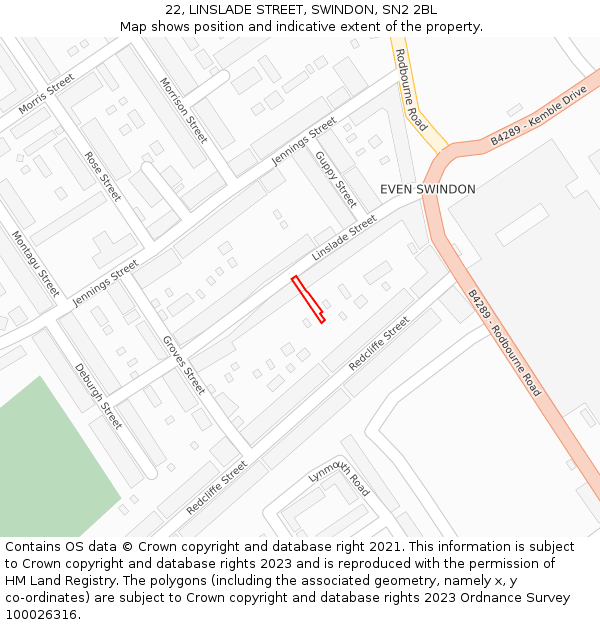 22, LINSLADE STREET, SWINDON, SN2 2BL: Location map and indicative extent of plot