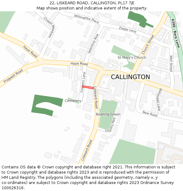 22, LISKEARD ROAD, CALLINGTON, PL17 7JE: Location map and indicative extent of plot