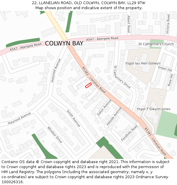 22, LLANELIAN ROAD, OLD COLWYN, COLWYN BAY, LL29 9TW: Location map and indicative extent of plot