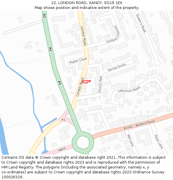 22, LONDON ROAD, SANDY, SG19 1EX: Location map and indicative extent of plot