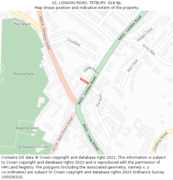 22, LONDON ROAD, TETBURY, GL8 8JL: Location map and indicative extent of plot
