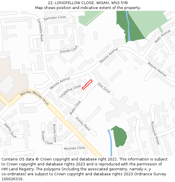 22, LONGFELLOW CLOSE, WIGAN, WN3 5YB: Location map and indicative extent of plot