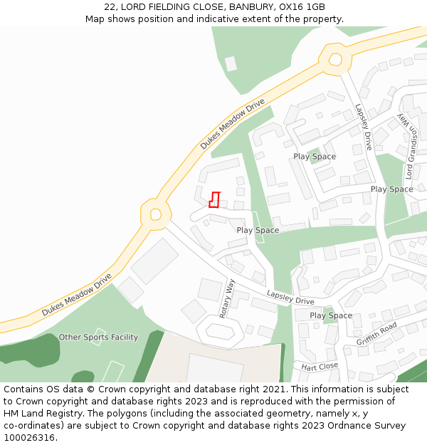 22, LORD FIELDING CLOSE, BANBURY, OX16 1GB: Location map and indicative extent of plot