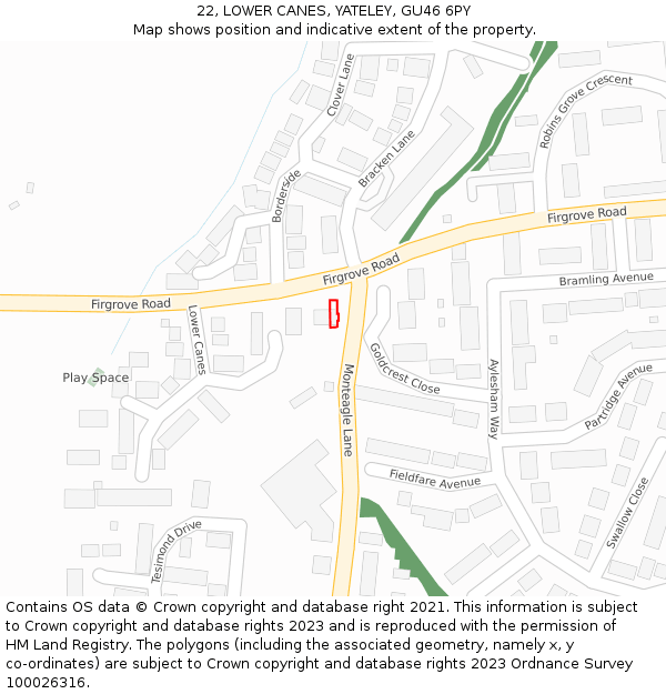 22, LOWER CANES, YATELEY, GU46 6PY: Location map and indicative extent of plot
