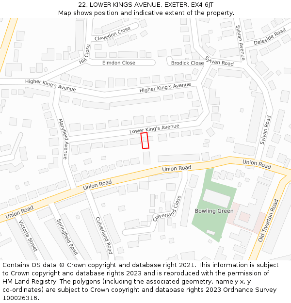 22, LOWER KINGS AVENUE, EXETER, EX4 6JT: Location map and indicative extent of plot