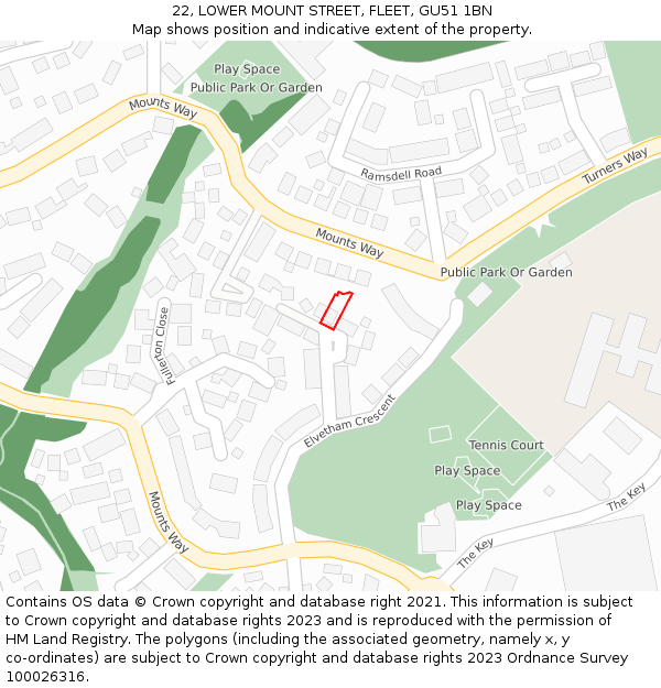 22, LOWER MOUNT STREET, FLEET, GU51 1BN: Location map and indicative extent of plot
