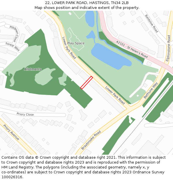 22, LOWER PARK ROAD, HASTINGS, TN34 2LB: Location map and indicative extent of plot